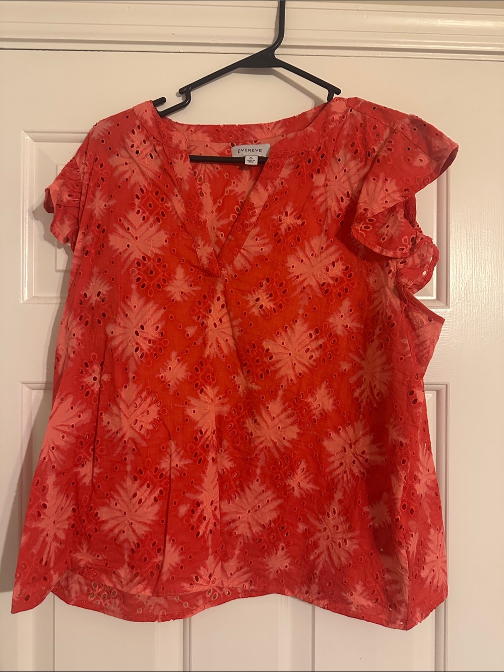 Evereve Coral Eyelet V-Neck Flutter Sleeve Blouse